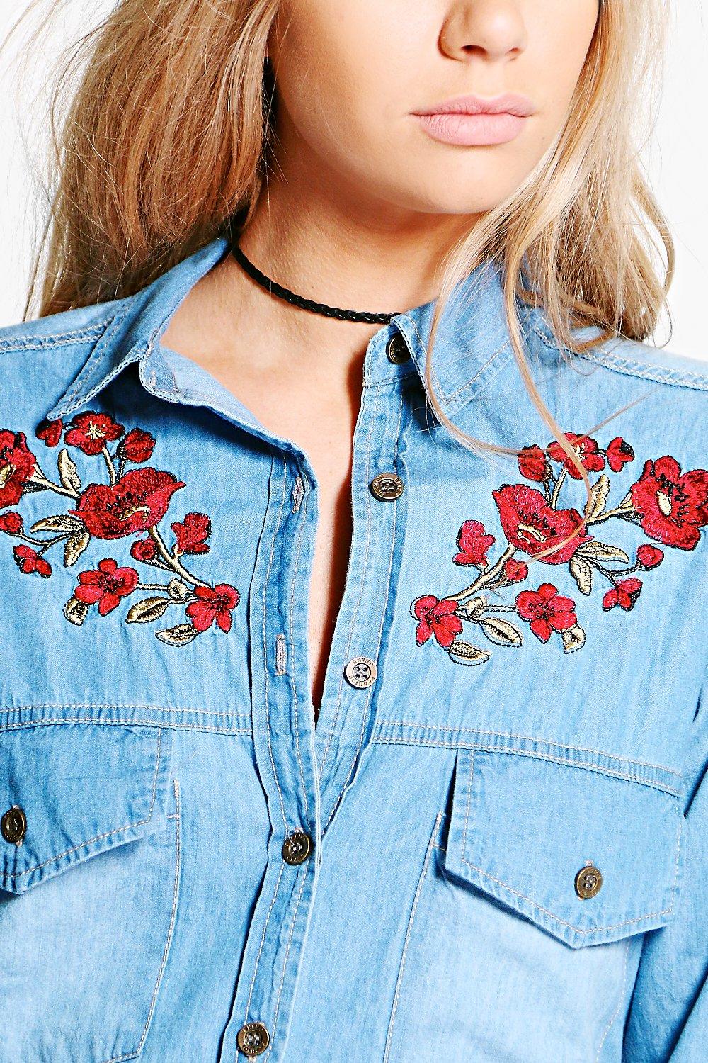 Alyson Floral Embroidered Denim Shirt boohoo NO